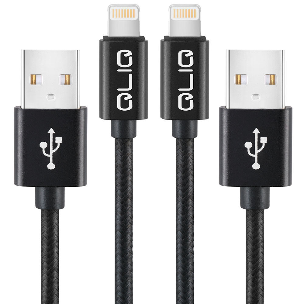 QLIQ USB Kabel Lightning Nylon 2.1A in schwarz – Doppelpack (2. Stk.)