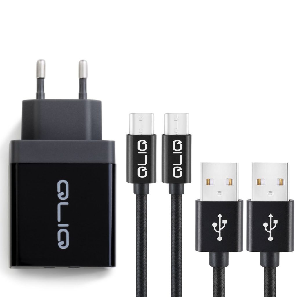 QLIQ Kombi Power Wall Charger mit USB Kabel Type-C Nylon 2.1A in schwarz – Doppelpack (2.Stk.)
