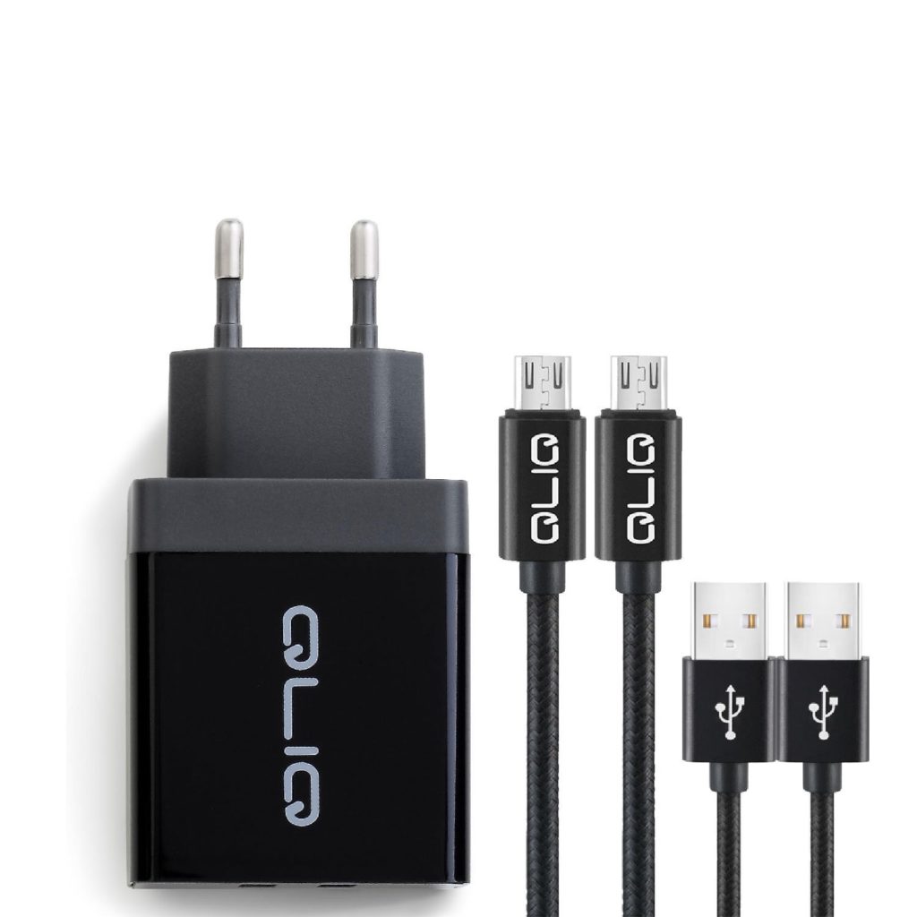 QLIQ Kombi Power Wall Charger mit Micro-USB Kabel Nylon 2.1A in schwarz – Doppelpack (2.Stk.)